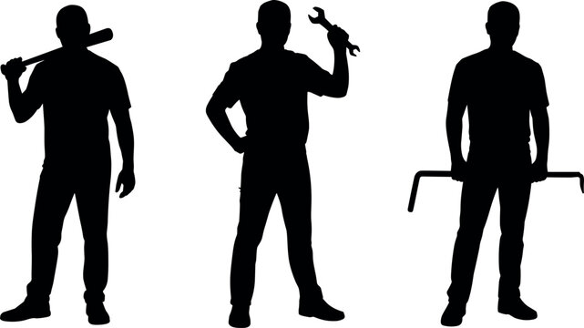 Worker silhouette set with mechanic holding wrench man with baseball bat and builder holding crowbar tool on white background vector