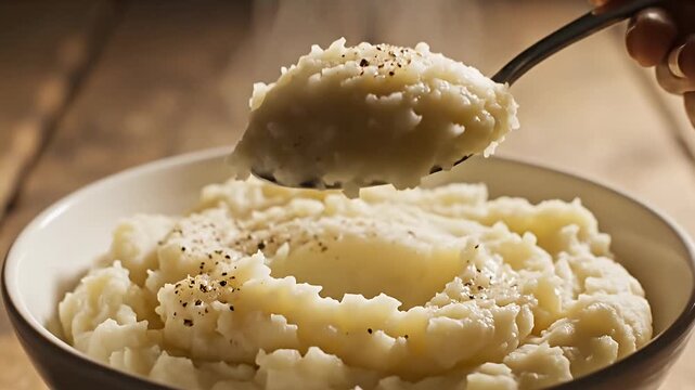Creamy mashed potatoes with black pepper being scooped.