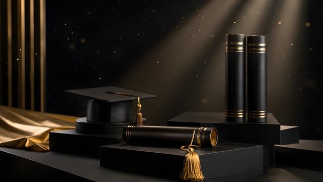 Graduation cap and diploma scrolls on luxury black podium