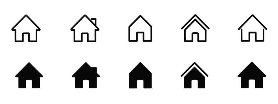 Web home icon set for websites and apps featuring simple house symbols in filled, outline, thin line, and stroke styles.