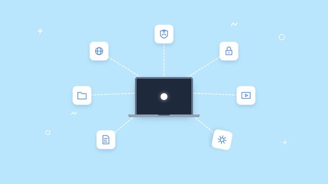 Animated Laptop with Expanding Interface Icons on Blue Background