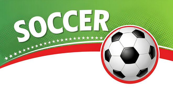 Soccer word text design with ball and green banner typography tournament professional athletics training exercise activity competition