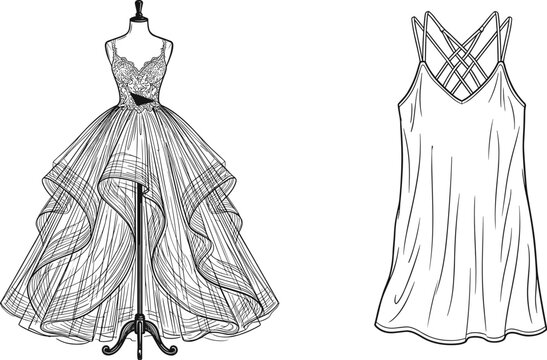 Fashion illustration set featuring a detailed ball gown on a mannequin and a stylish strappy camisole dress sketch