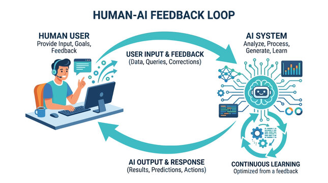 Human AI collaboration, machine learning process, AI system feedback loop, data analysis workflow, automation cycle isolated on White Background ai