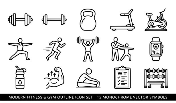 Fitness and Gym Outline Icons Vector Set with Workout and Training Symbols