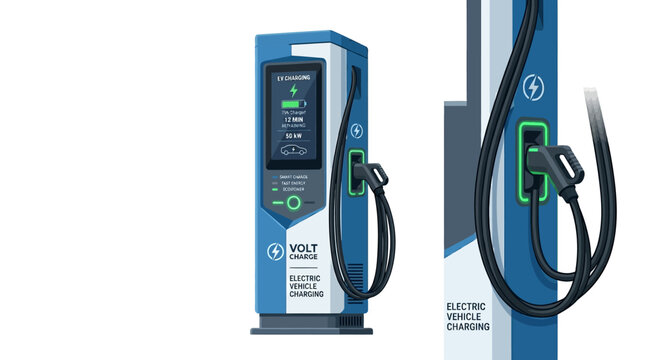 Electric vehicle charging station, EV charger, blue charging point, sustainable energy isolated on White Background ai
