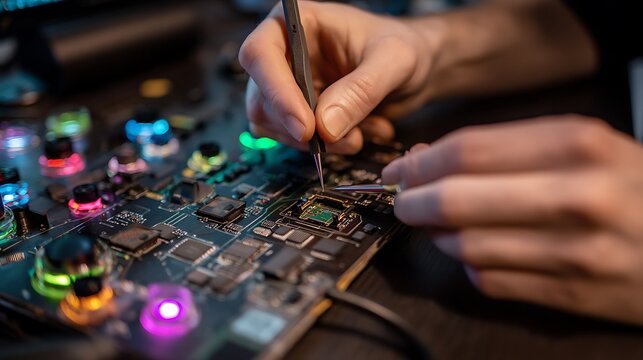 Technician repairing complex electronic circuit board with precision tools.