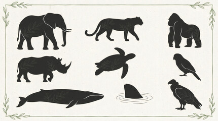 Fototapeta premium Endangered species silhouettes with leaf patterns