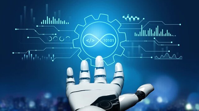 Futuristic Robotic Hand Reaching Toward Digital Gear Interface with Coding Symbols and Data Visualizations Representing Artificial Intelligence and Technology Innovation. Entropy.