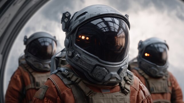 Three astronauts in advanced space suits with reflective visors stand together in a futuristic, dimly lit environment.