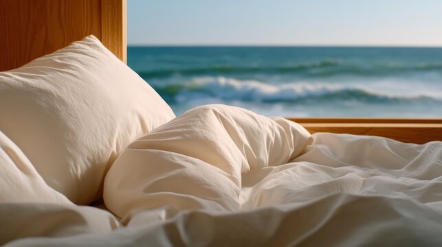 A cozy bed with white pillows and rumpled bedding faces a large window overlooking calm ocean waves under a clear sky.