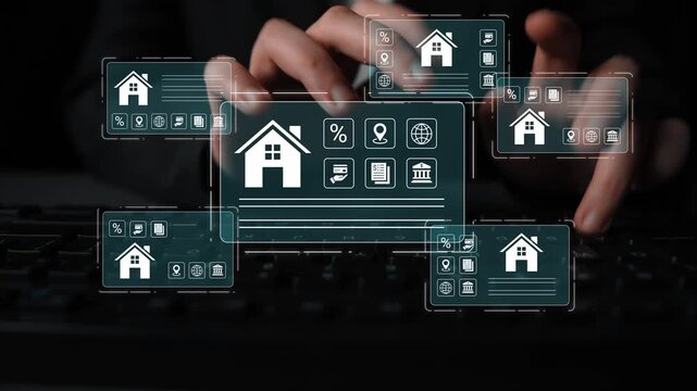 Digital Real Estate Management with Interactive User Interface Displaying Property Icons and Data Analytics on Keyboard Background Gluon.