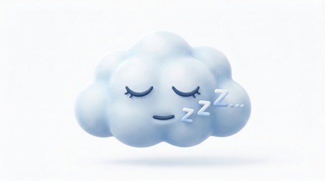 Cute 3D sleeping cloud character with closed eyes, soft blue fluffy cloud mascot for sleep and relaxation, dreamy weather icon with zzz symbols isolated on White Background