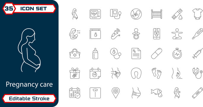 Pregnancy Care Line Icon Set Editable Stroke &ndash; Maternity, Prenatal Healthcare and Baby Outline Icons