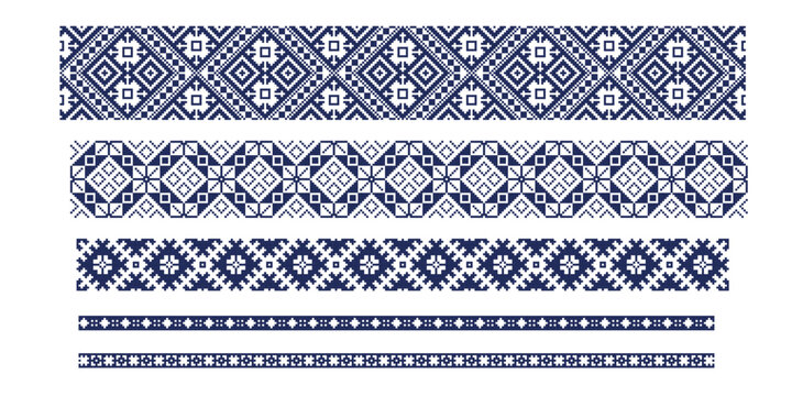 Set of three traditional Latvian ornamental border bands adorned with authentic folk symbols of harvest, bread, grain, and plant life, rendered entirely in a bold and striking deep blue color