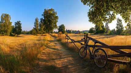 Fototapeta premium Golden Countryside Landscape With Bicycle Near Fence, Sunset Meadow Path and Green Trees, Peaceful Rural Summer Travel Background for Eco Tourism Wellness and Outdoor Lifestyle cou
