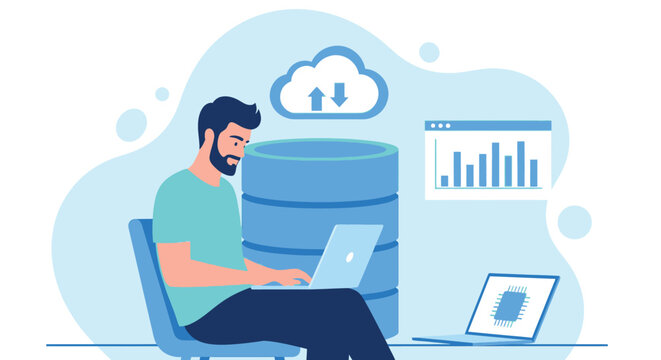 Cloud computing and database management professional working on laptop with charts and statistics for digital transformation and business analytics service.
