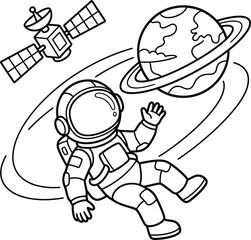 A fun and minimalist drawing showing a happy astronaut floating in outer space near earth. © MstBaby