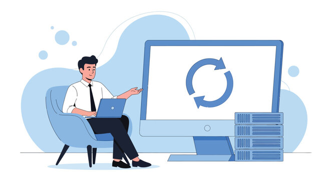 Businessman working on laptop in chair in front of large computer screen displaying refresh symbol data synchronization process.