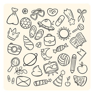 Random mixed daily objects and icons doodle set. Creative hand drawn vector illustration collection featuring travel, school, space, and food items.