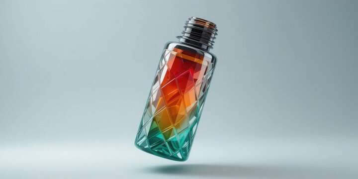 Futuristic crystal bottle with colorful orange and green liquid floating on bright background 3d render