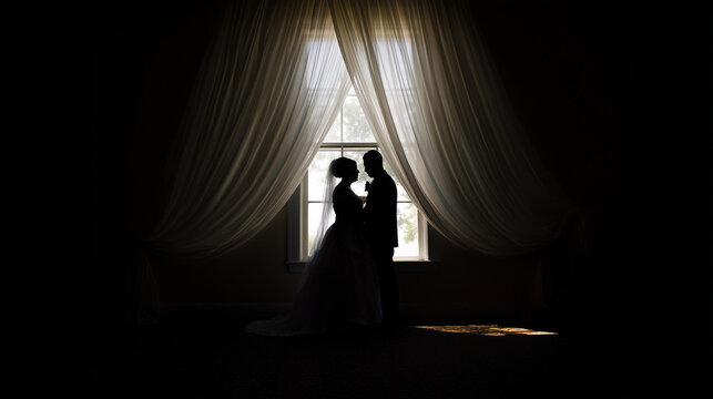 Silhouette of a bride and groom standing together in front of a softly illuminated window framed by elegant flowing curtains, creating a romantic wedding atmosphere.