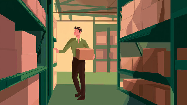 Modern flat style illustration of a warehouse employee carrying a cardboard box while working inside a large storage and logistics facility.