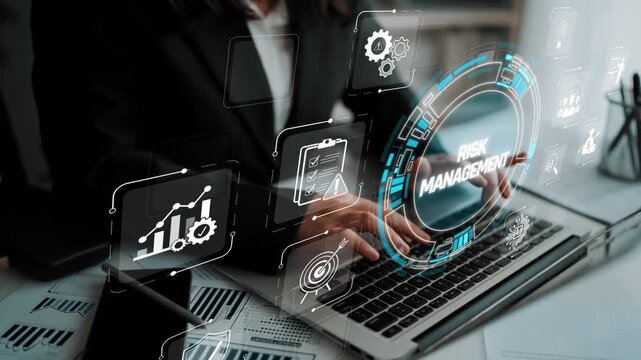 Business Professional Engaged in Risk Management Strategy with Laptop and Digital Interface for Data Analysis and Decision Making Sigmoid