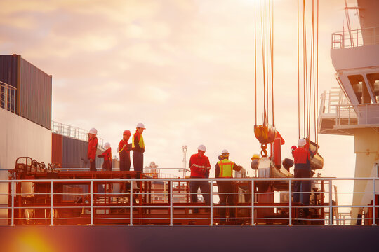Group of industrial workers handling cargo operations aboard a commercial shipping vessel at a busy maritime port during sunset.