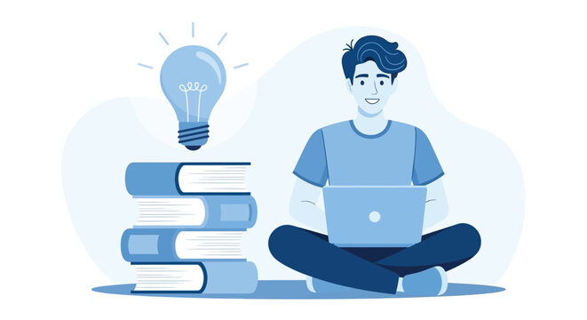 Young man sitting cross legged with laptop next to stack of books and large lightbulb representing online learning and digital education creative process.