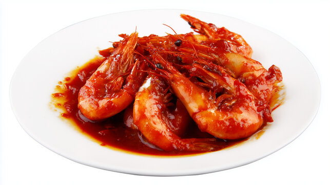 Close-up of spicy chili prawns coated in rich red sauce and served on a white plate isolated on a clean background.