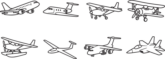 Airplanes Modern and Premium Illustration, Featuring airliner, jet, propeller, biplane and More, Editable Stroke, Vector Illustration Collection © MNSTUDIO