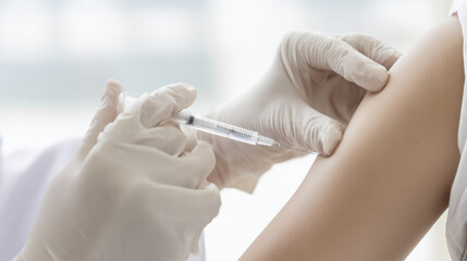 Fototapeta premium Healthcare professional administering vaccine injection into patient arm using sterile syringe and medical gloves.