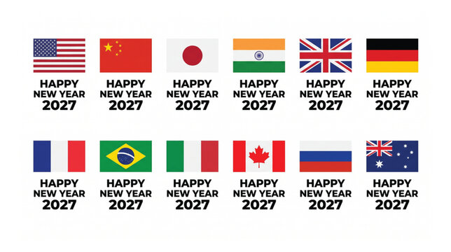 World national flags grid with happy new year 2027 greeting international country flags vector graphics for global celebration and festive holiday decoration national international