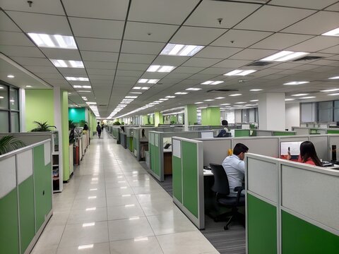 Busy office cubicle workspace with employees
