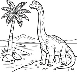 A friendly long neck herbivorous dinosaur stands peacefully on a sandy shore under a tropical palm tree with a distant mountain range in the environment. © Munna_SH