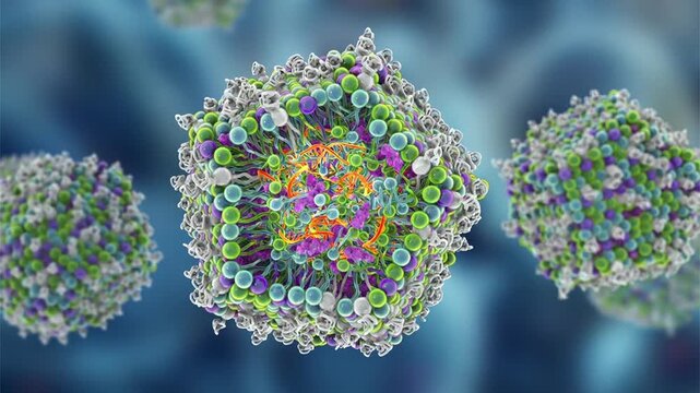 Lipid nanoparticle mRNA vaccine, a type of vaccine used against Covid-19 and influenza. 3D animation showing cross-section of a lipid nanoparticle carrying mRNA of the virus (orange).