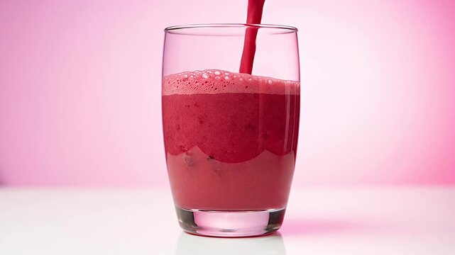 Pouring vibrant red beetroot juice into tall glass