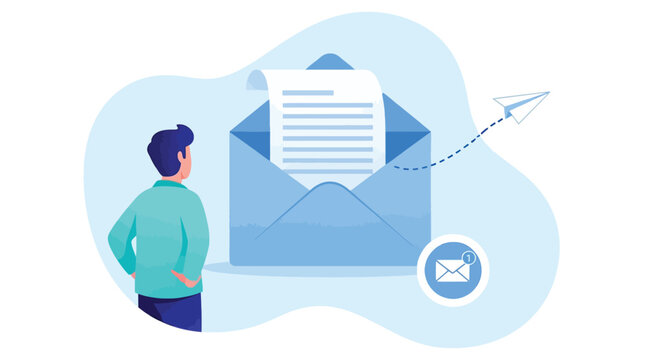 Email marketing strategy concept featuring man standing next to large envelope with flying paper plane representing digital communication and message delivery.