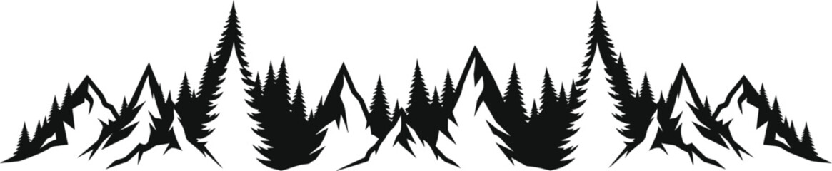 Obraz premium Mountain range and pine forest silhouette vector graphic for outdoor adventure branding and nature themed design projects
