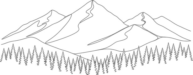 Fototapeta premium Mountain range with pine forest silhouette line art illustration for outdoor adventure branding and nature design projects