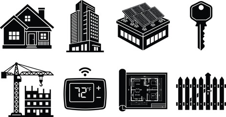 Fototapeta premium Collection of construction and architecture icons including house, office building, solar panels, crane, blueprint, thermostat, key, and fence