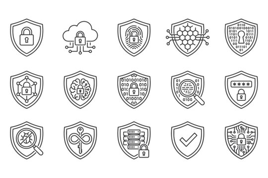 Set of thin line security shield icons representing cyber protection