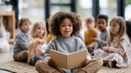 Obraz premium Preschool educator reads a dual-language storybook to a mixed group of young children seated on a classroom rug, some pointing to pictures with curiosity, the inclusive