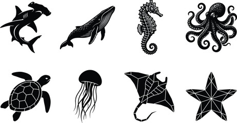 Collection of marine animal silhouettes including shark, whale, seahorse, octopus, turtle, jellyfish, manta ray, and starfish © MDMUNTASSER
