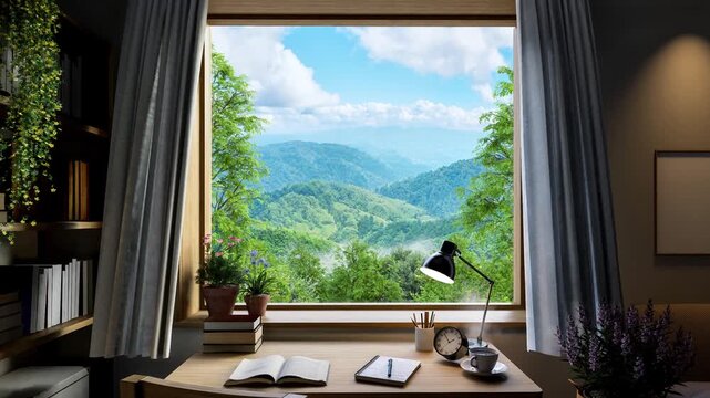 Animation of reading table with nature view background 3d render decorated with small plant