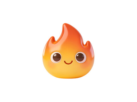 Adorable animated fire emoji with smiling face, large expressive eyes, bright orange and yellow colors, cartoon style, cute and friendly expression, isolated on white background