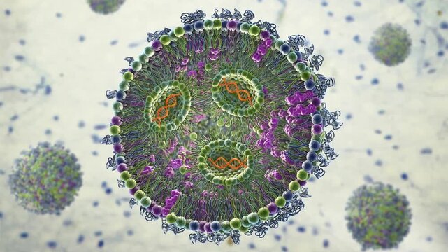 Lipid nanoparticle mRNA vaccine used against Covid-19 and influenza. 3D animation showing cross-section of lipid nanoparticle carrying mRNA of the virus (orange)