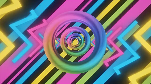 A kaleidoscopic vortex of neon-colored geometric shapes and rings receding into infinity.