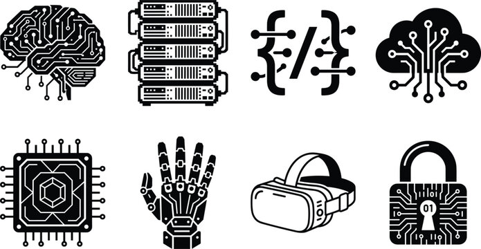 Collection of technology icons including AI brain, servers, programming braces, cloud computing, microchip, robotic hand, VR headset, and cybersecurity padlock
